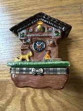 Vintage Miniature Cuckoo Clock Brown Porcelain Hinged Trinket Box With Bird