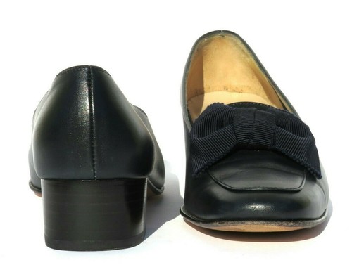 Salvatore Ferragamo marineblaue Leder-Pumps eckige Schleife niedriger Blockabsatz 6,5 B - Bild 4 von 12