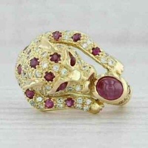 Authentic 2Ct Oval Cut Lab Created Ruby Panther Leopard Unique Ring 14k Yellow Gold Plated