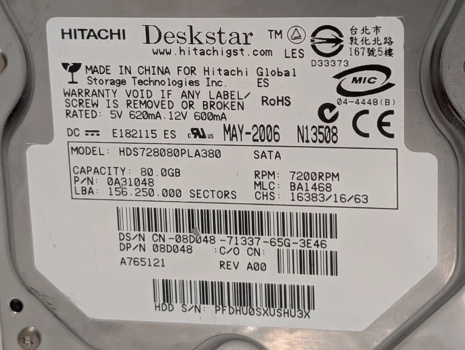 Hitachi HDS728080PLA380 Deskstar 80GB 3.5" SATA Hard Drive, 7200rpm - Image 4 of 4
