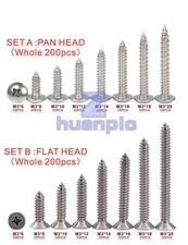 200PCS STAINLESS STEEL PAN FLAT HEAD SELF-TAPPING SCREWS M3 304 ASSORTMENT KITS