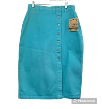 Vintage 90s Gitano Denim Skirt Western Size 13/14 Turquoise Button Up Front Midi