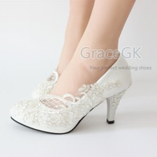 Lace white ivory crystal Wedding shoes Bridal flats low high heel pump size 5-12