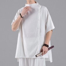 Men Chinese Shirt Tang Suit Mandarin Collar Hanfu Short Sleeve Blouse Summer