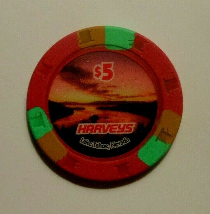 $5.00 CASINO CHIP "HARVEYS RESORT HOTEL CASINO" LAKE TAHOE, NEVADA 
