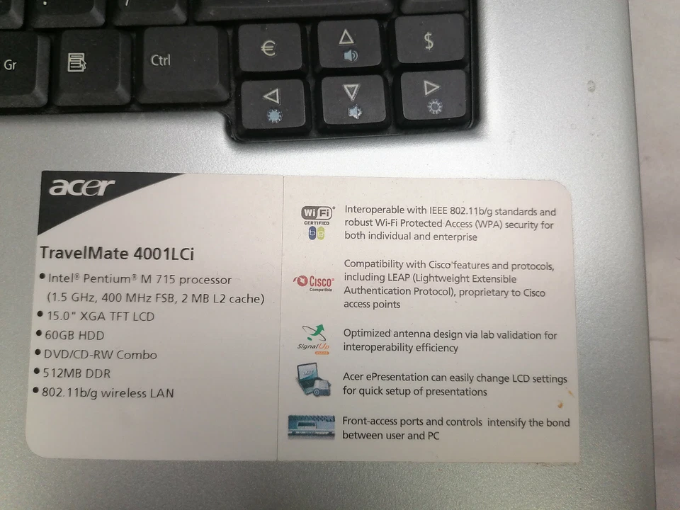 FOR PARTS 15" Acer TravelMate 4001LCi (Pentium M 715/1.5GHz/NO HDD) - Image 3 of 4