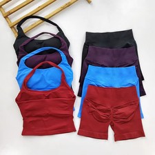 Women 2 Piece Yoga Gym Set Halter Top High Waist Shorts Seamless Workout