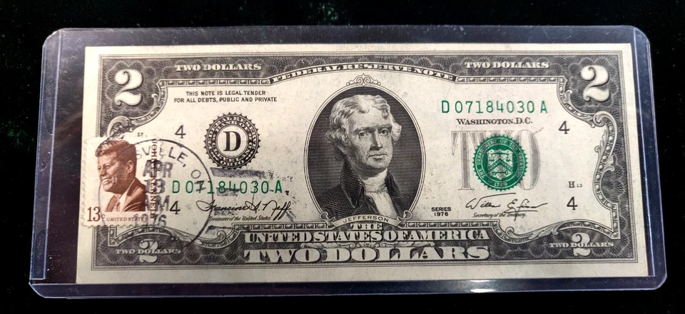 1976 GREEN SEAL  $2 TWO DOLLAR BILL ~ STAMPED 1ST DAY OF ISSUE -BYESVILLE, OH - Image 2 of 4