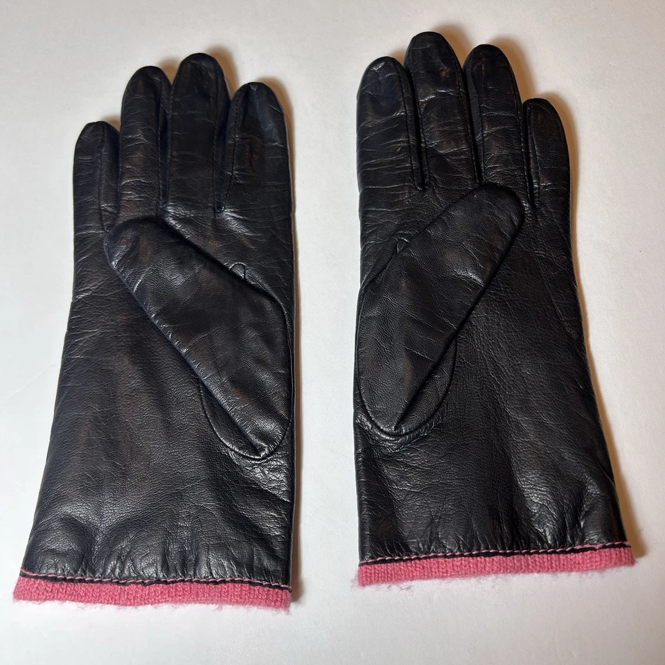 Guantes de cuero negros vintage Fownes forro tejido rosa ribete para mujer talla M/L Foto 4 de 4
