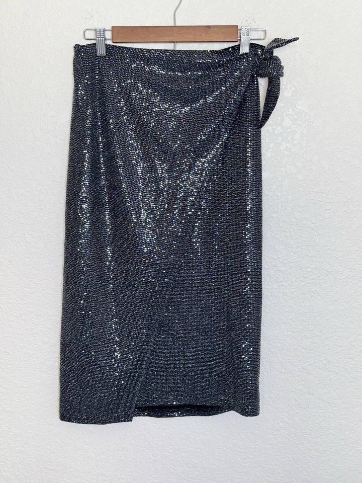 All Saints Skirt Allegra Gun Metal Metallic Shimmer Faux Wrap Size 6 Glam Edgy - Image 3 of 4