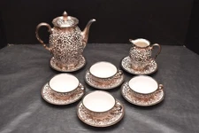 Vintage Art Nouveau Rieber Mitterteich Bavaria Silver Overlay Porcelain Tea Set
