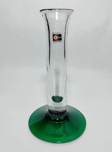 Blenko Art Glass Bud Vase Candle Holder 9706 Crystal & Emerald Foot 9" Vintage