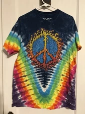 Vintage Liquid Blue Multicolor Peace Sign Rainbow Tie-Dye Graphic Shirt Large