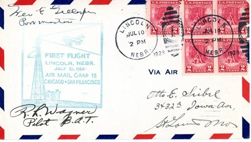 FFC CAM 18, 18E16a Lincoln, Nebr. to Chicago - Pilot Signed & PM signed - Read