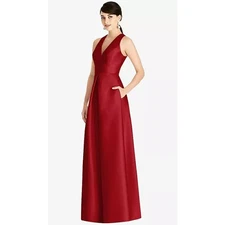 NEW! Alfred Sung Size 18 Satin Open Back Pleated Dress Garnet $242 msrp J1-8