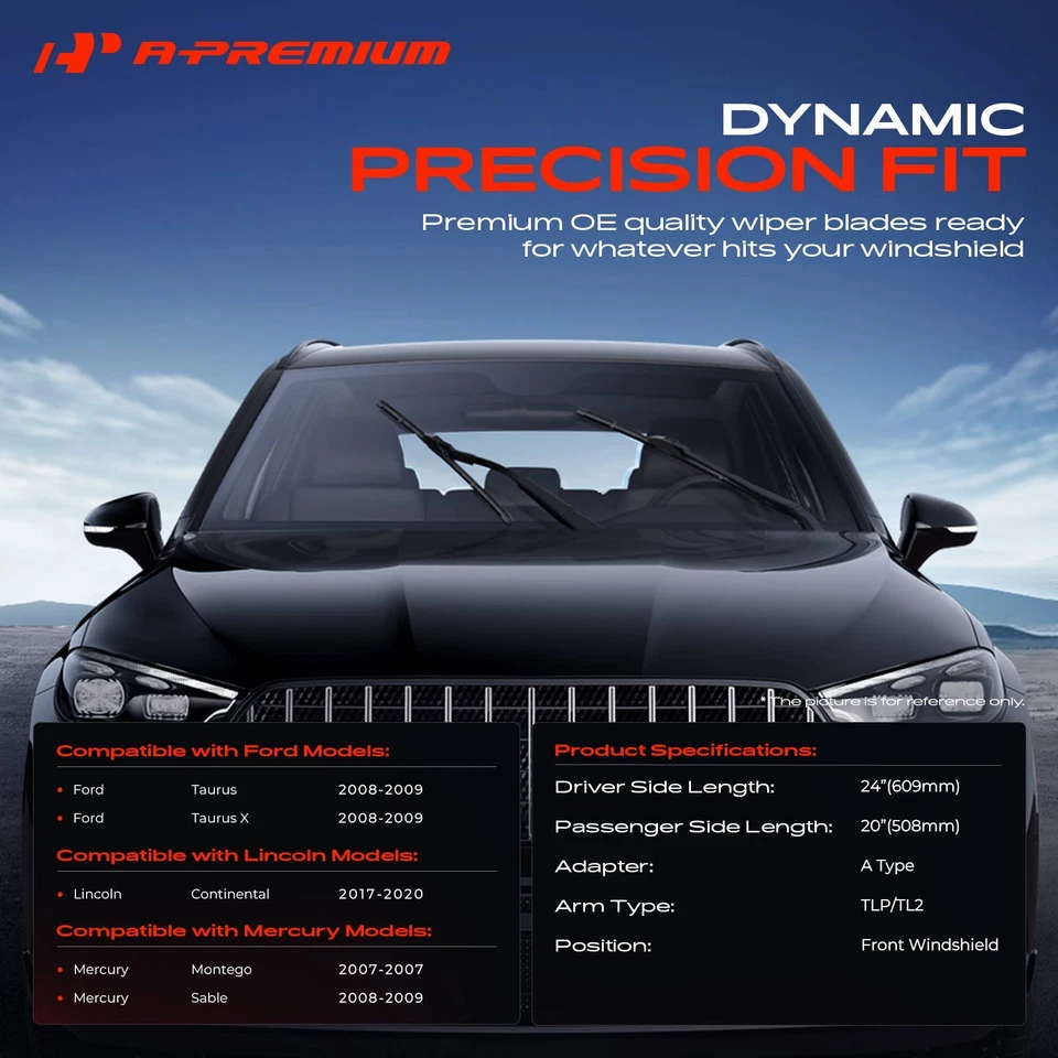 A-Premium 2 peças 24" e 20" limpador de para-brisa dianteiro para Ford Taurus Lincoln - Imagem 2 de 4
