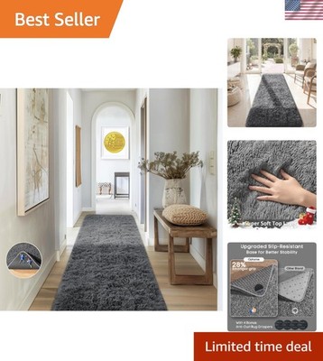 Fluffy High Pile 2' x 8' Grey Area Rug - Perfect for Living Room & Bedroom