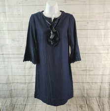 Draper James Womens Denim Dress Sz 2 Blue Ruffle Front Eyelet Bell Sleeves