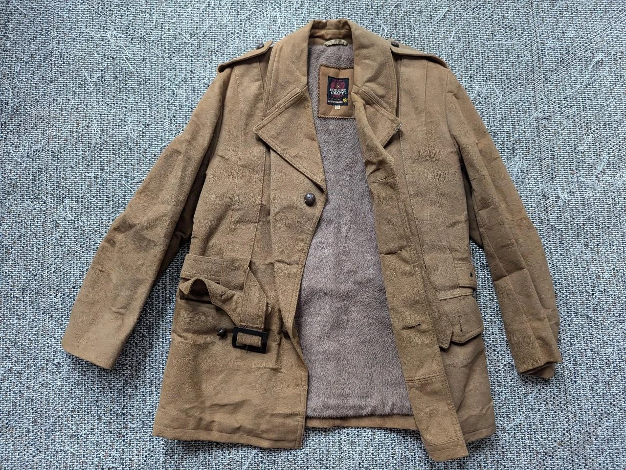 vintage TRENCH COAT leather BELTED jacket 40 brown NORFOLK faux suede SHERLOCK - product detail image 4