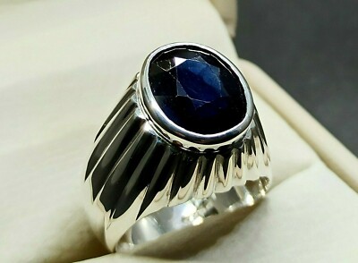 Natural Carat Blue Royal Sapphire Sterling Silver 925 Handmade Neelam Men  Ring