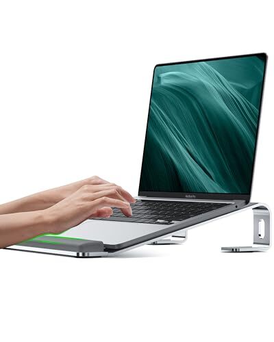 Ergonomic Aluminum Laptop Stand with Wrist Rest Pad, Adjustable Desk Riser for Comfortable Typing, Silver