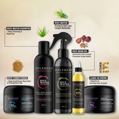 Replenhair Reiswasser Haarlösung Set - Shampoo Haarmaske Creme Öl Reiswasser