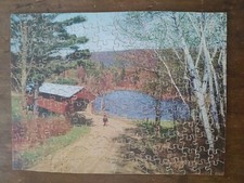 Vtg J K Straus Wood Jigsaw Puzzle The Old Landmark" 208pc 222 Covered Bridge