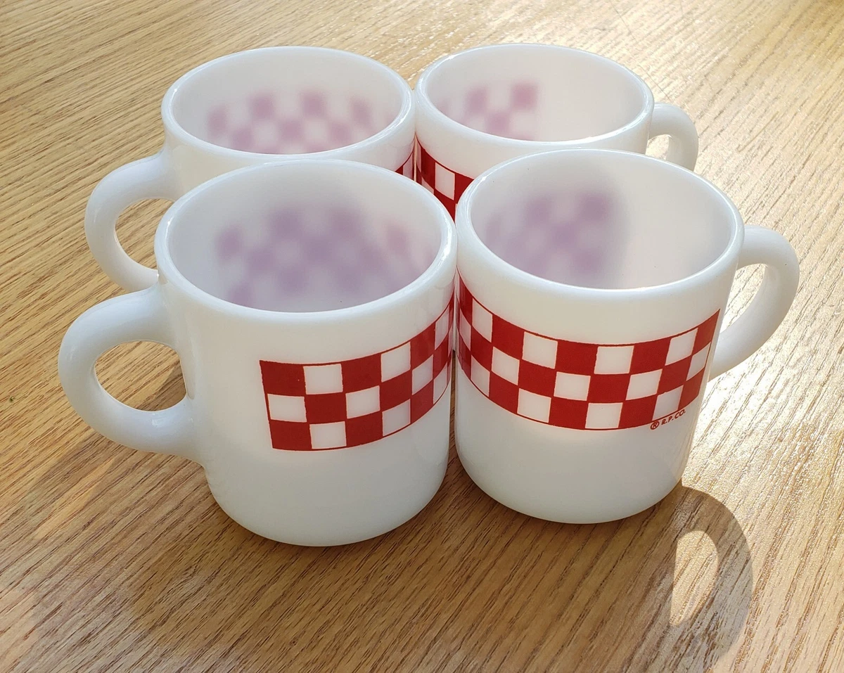 Vintage Set Of 4 Ralston Purina Mug White Milk Glass Red Checked 3 3 8