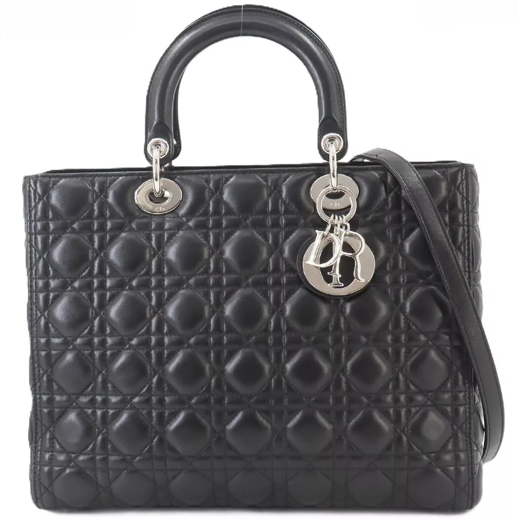 Grand sac à bandoulière Christian Dior Lady Dior 2 voies en cuir noir