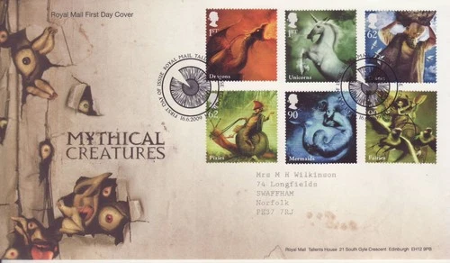 GB Stamps First Day Cover Mythical Creatures, fairy, unicorn, dragon SHS 2009