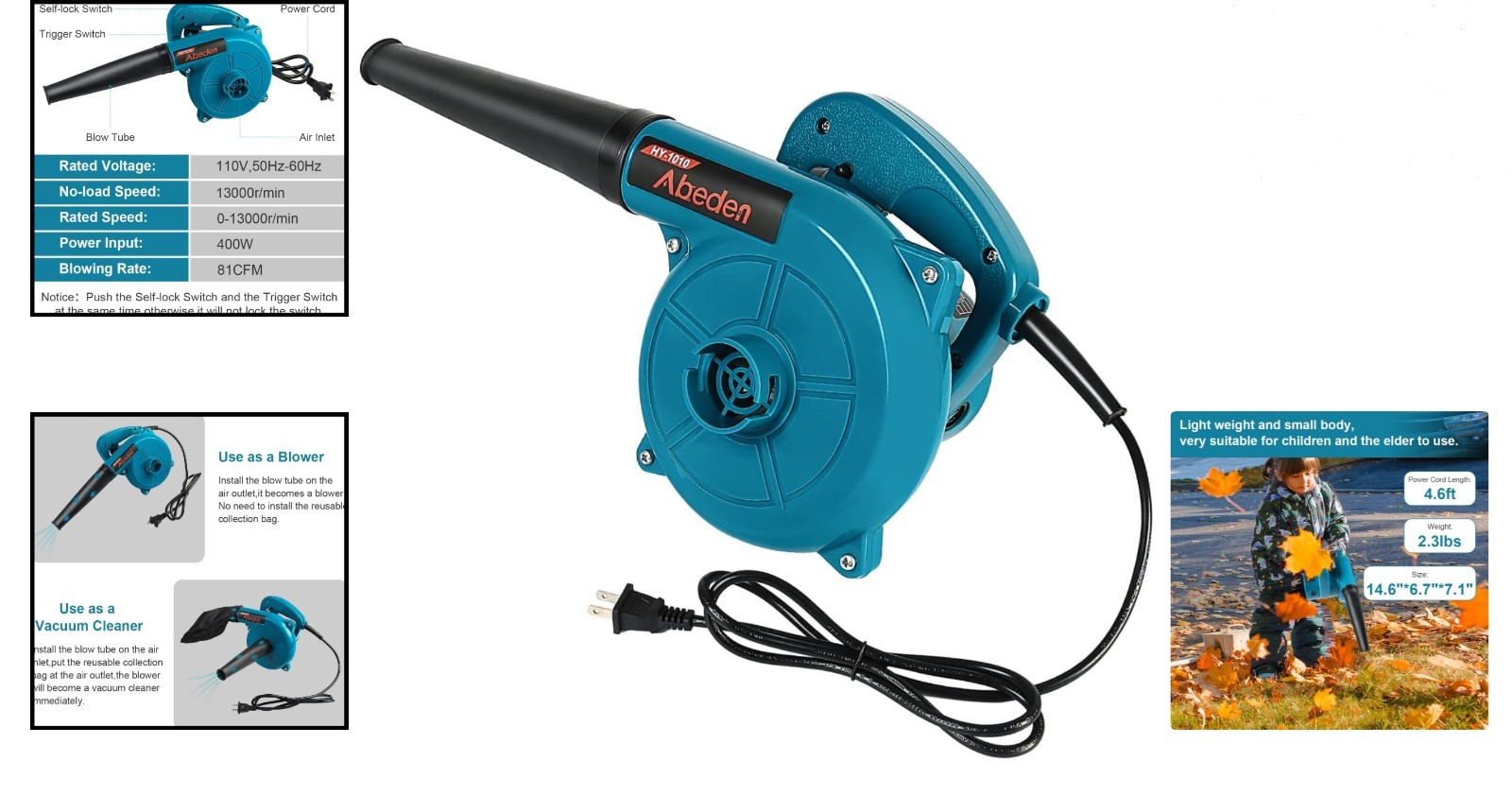 Corded Handheld Electric Blower/Vacuum - Effortless Cleaning for Leaves & Snow