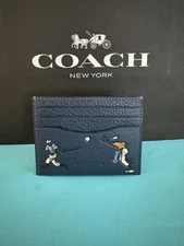 NWT COACH Slim Id Card Case With Baseball Print Pebble Leather Deep Blue Multi