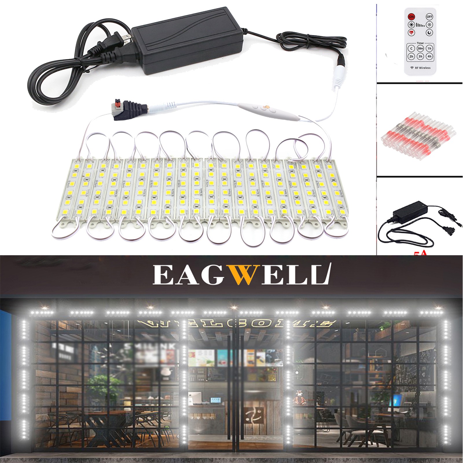 10ft 5050 3 6 LEDs Module Light Sign Lamp + Remote + Power + Heat Shrink White