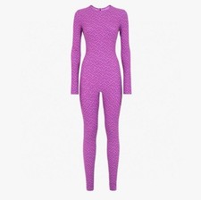 Purple Geometric Pattern Long Sleeve Catsuit, Women's Crew Neck size Medium