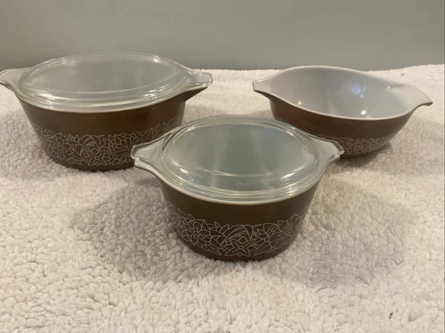 Vintage Lot of (3) Pyrex Woodland Brown Casserole Set 473-b, 442, 475-b 2 Lids