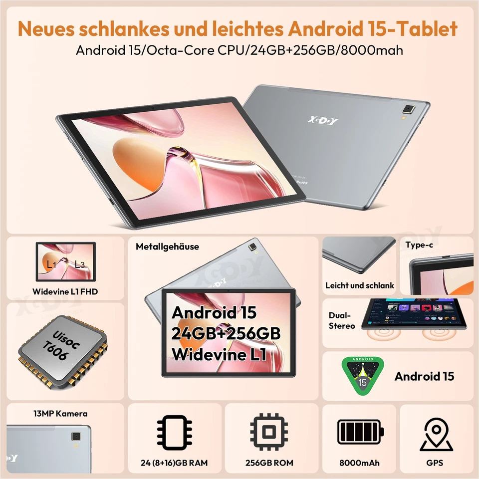 XGODY Android 15 Tablet 24GB+256GB/1TB 8000mAh Widevine L1 4G LTE 10.1 Zoll 13MP - Bild 2 von 4