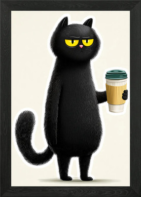 Grumpy Black Cat with Coffee Gerahmtes Wandbild Poster Leinwanddruck Bild