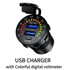 Motorcycle Charger QC3.0 Dual USB Socket Adapter W/LED Voltmeter ON OFF Switch