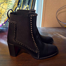Christian Louboutin Black Leather Studded Ankle Bootie Red Sole Pull-On