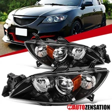 Slick Black Fit 2004-2009 Mazda 3 Sedan Projector Headlights Halogen Headlamps
