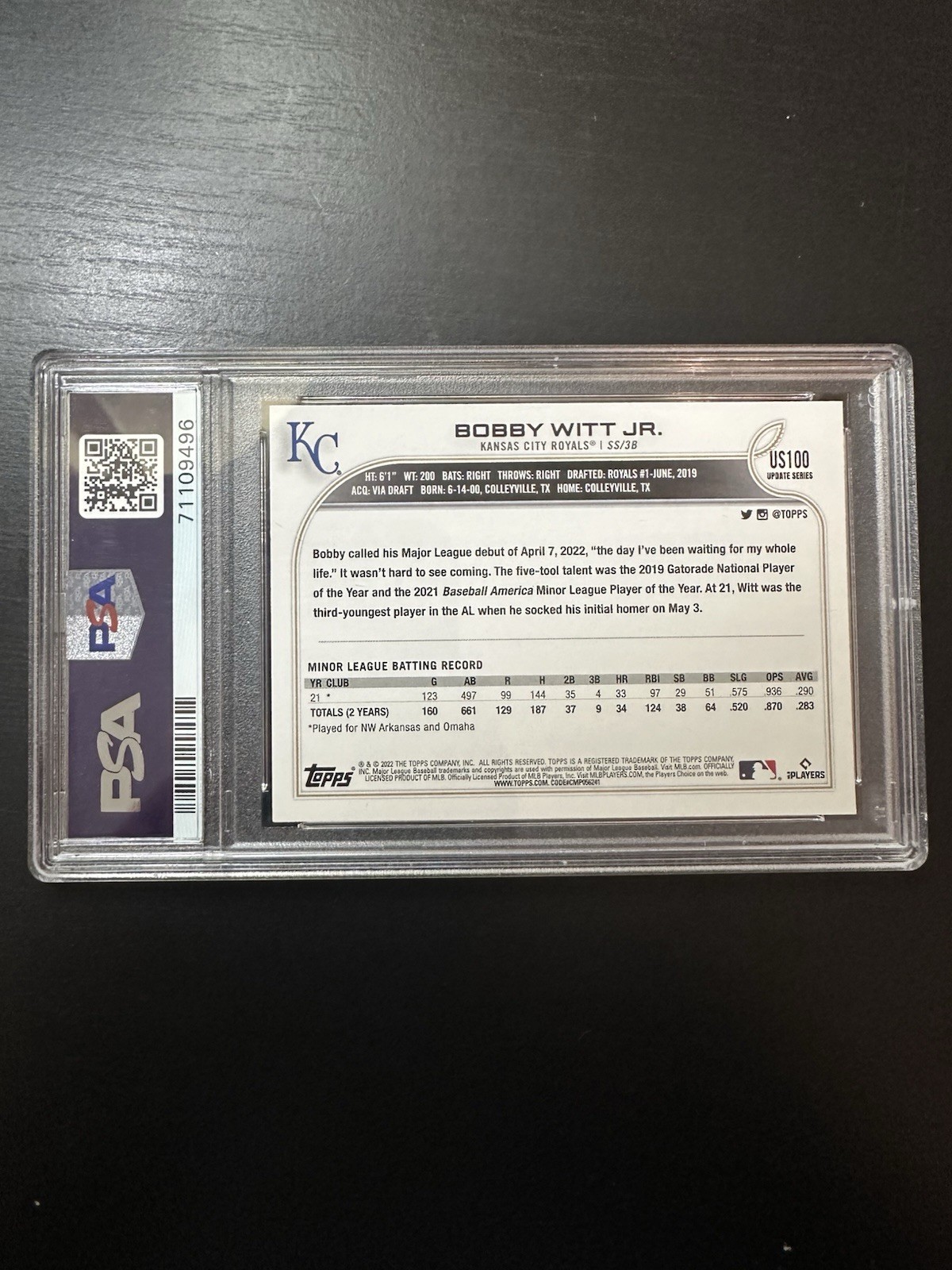 2022 Topps Update Bobby Witt Jr #US100 Rookie RC PSA 10 GEM MT Royals view 2