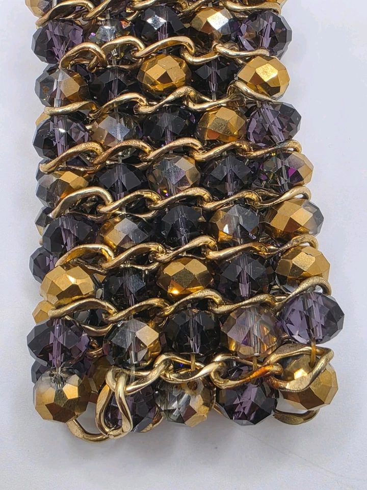 Raro Brazalete Swarovski Púrpura y Dorado 5 Hilos con Eslabones Tono Dorado, Elástico Foto 3 de 4
