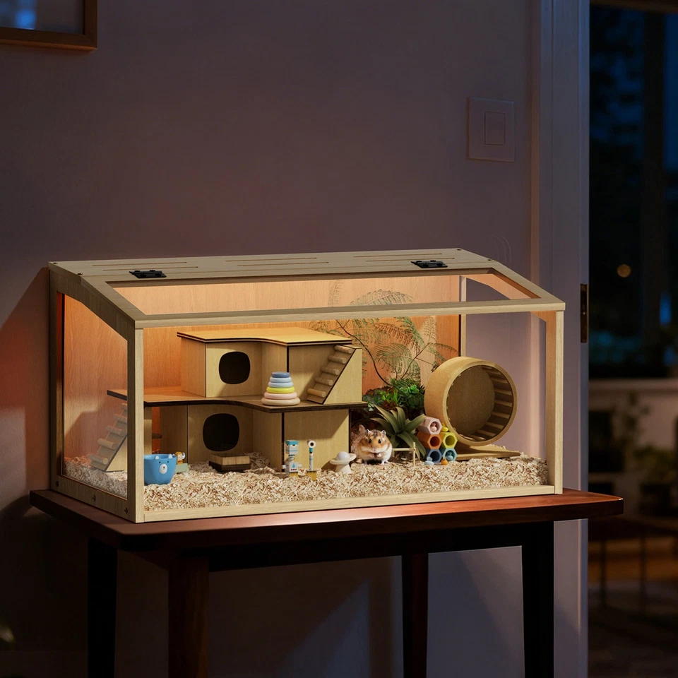 Large Hamster Cage Mice and Rat House Habitat Chinchillas Clear Cage with Lights - Image 4 of 4