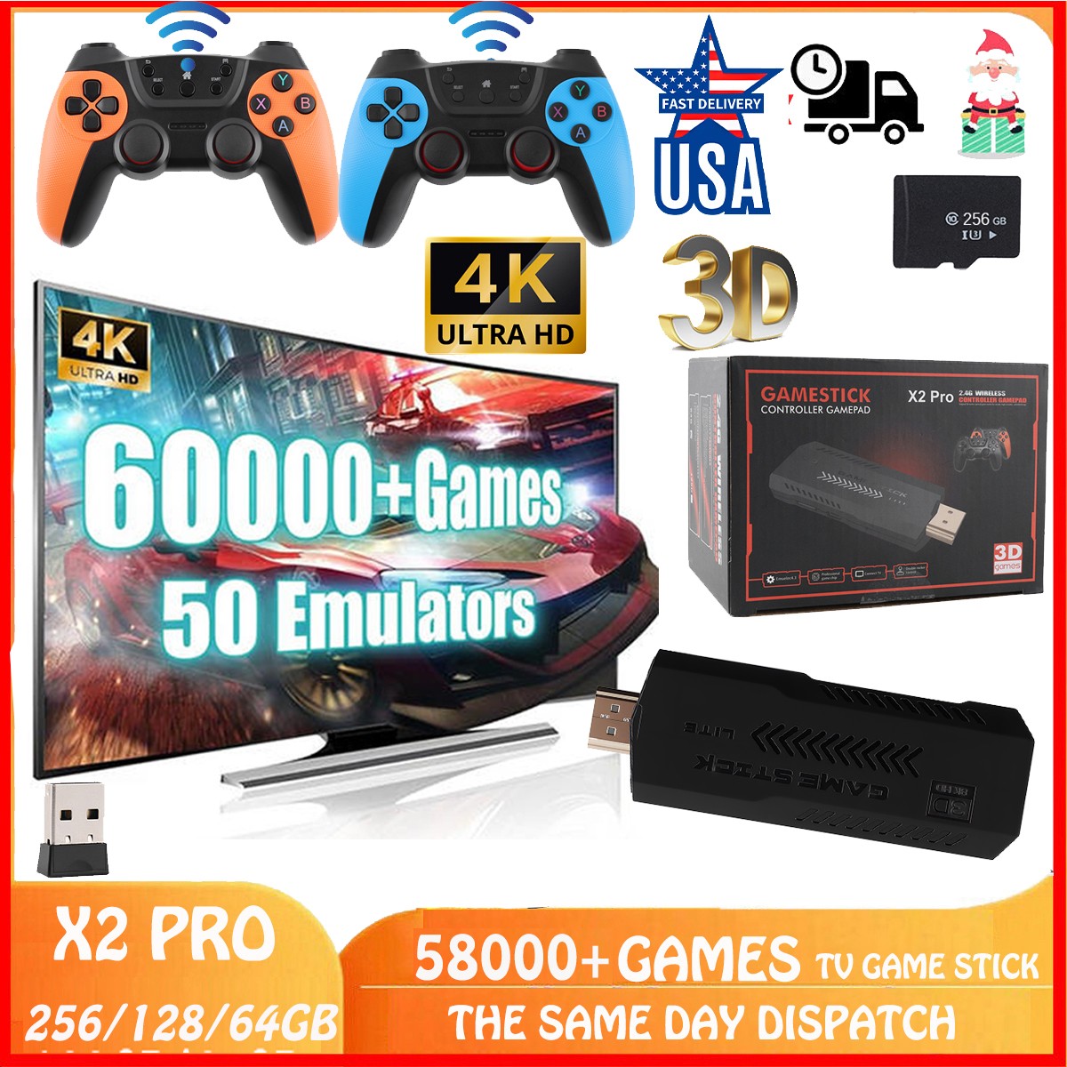 Video Game Console Retro 58000+Games TV Stick 256G 4K 2 Wireless Controller