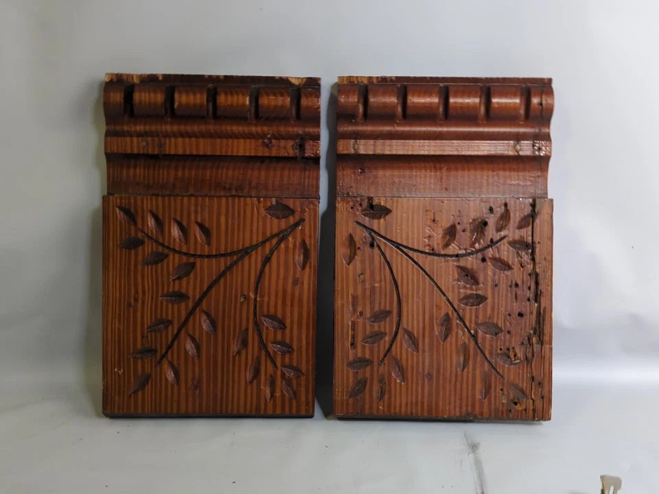 2 Plinth Blocks Antique Floral Dark Tone Carved Trim Architectural Salvage 9" - Image 2 of 4