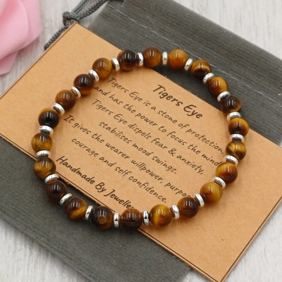 Pulsera TIGERS EYE elástica hecha a mano + bolsa de regalo y tarjeta cristal piedras preciosas 6/8 mm Foto 4 de 4