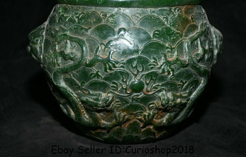 7.6" Old Chinese Natural Green Jade Carved Dynasty 2 Dragon Bead Pot Jar Crock - Picture 3 of 12