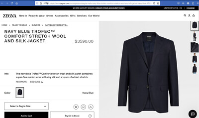 Zegna Navy Trofeo Comfort Stretch Wool Silk 10 Pocket Jacket 46 R