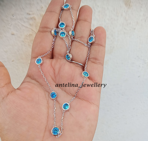 4CT Round Blue Topaz Bezel Set Women's Station Necklace in 14k White Gold Plated - Picture 2 of 6