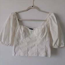 Gap Womens White Short Balloon Sleeve Sweetheart Smocked Crop Top Size M
